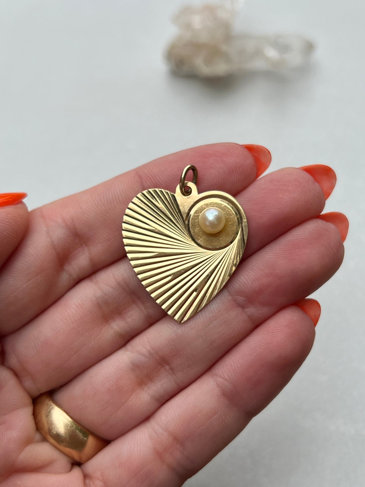 Vintage 14k Gold Engine Turned Heart Charm with Pearl