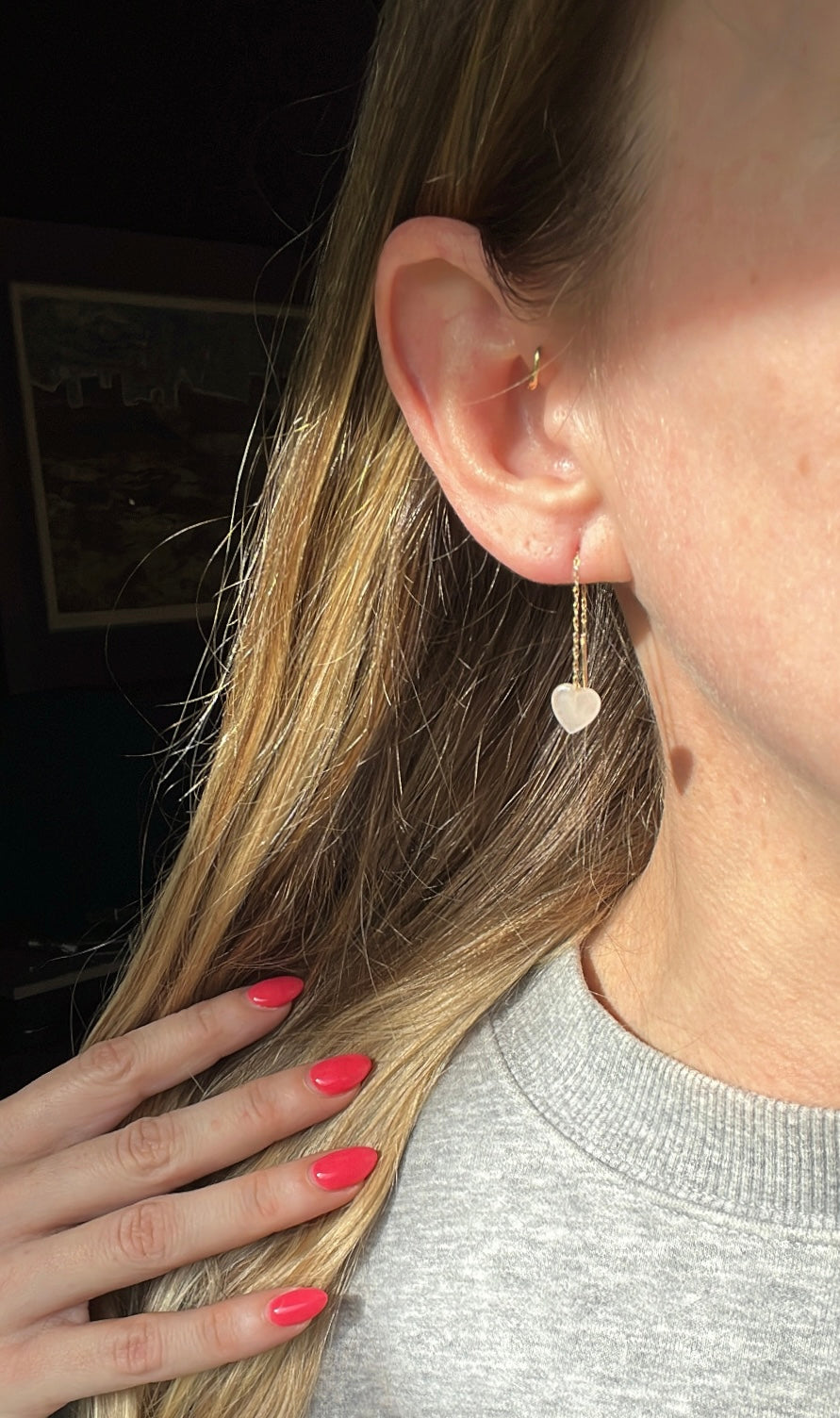 Vintage 14k Gold Rose Quartz Heart Threader Earrings