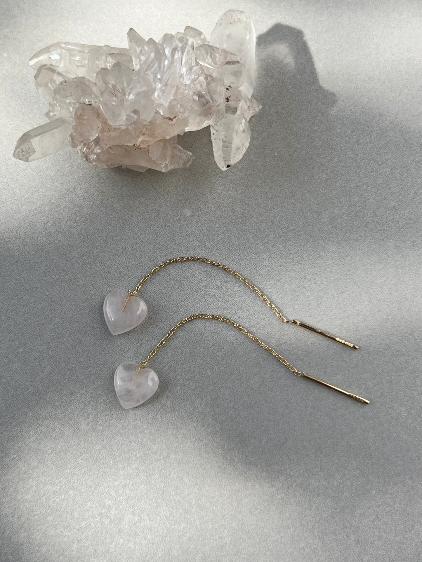 Vintage 14k Gold Rose Quartz Heart Threader Earrings