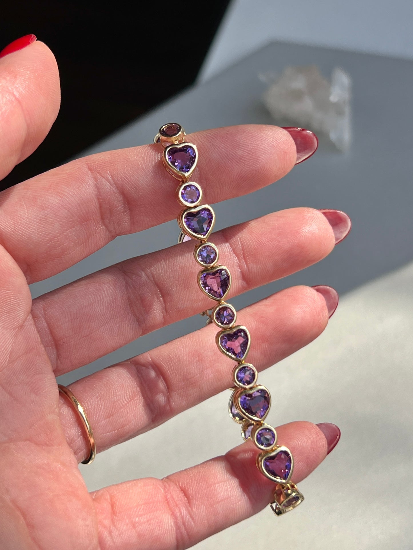Vintage 14k Gold Bezel Set Amethyst Hearts Bracelet