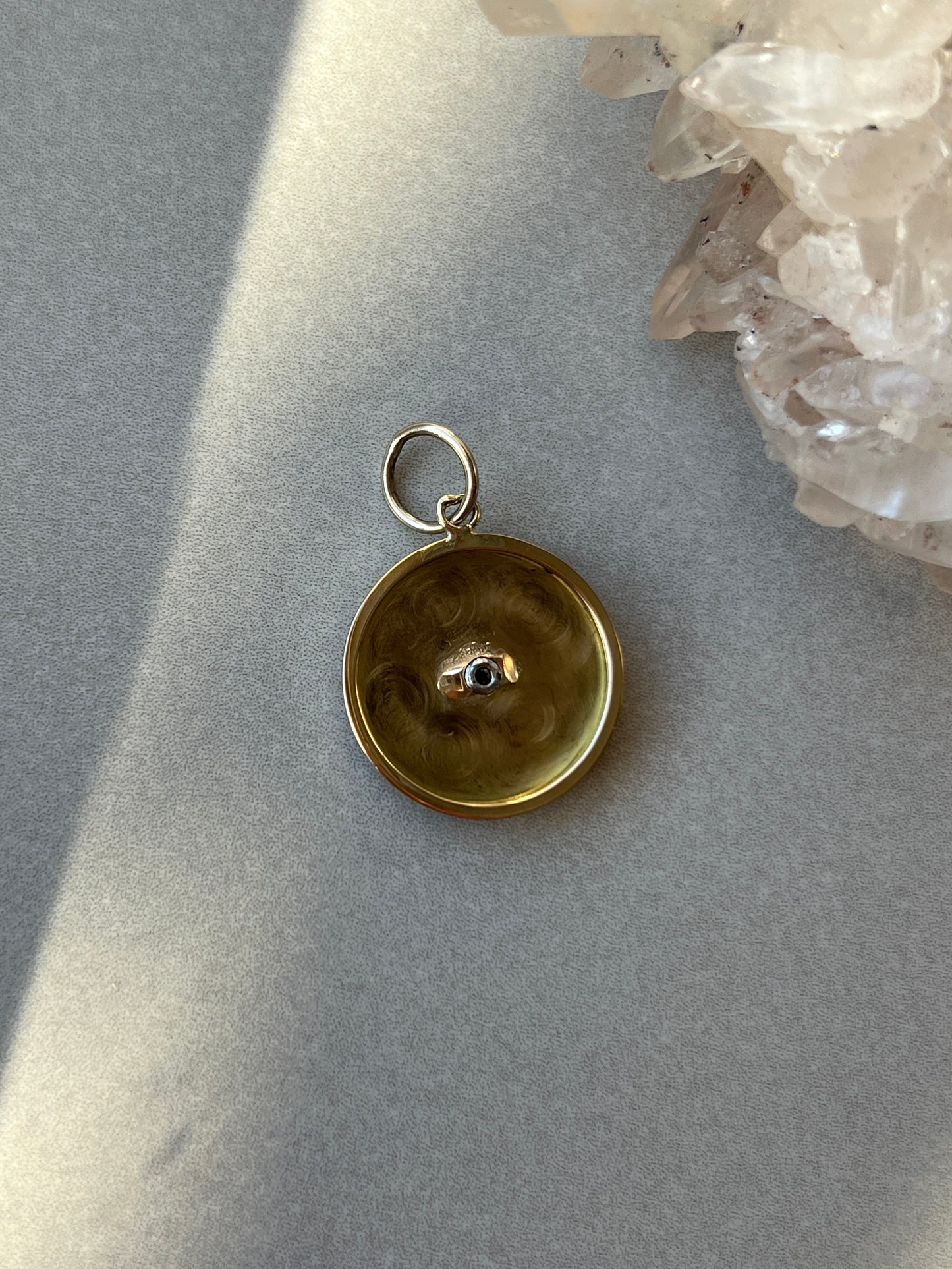 Vintage 14k Gold Round Engine Turned Pendant with Bezel Set Diamond