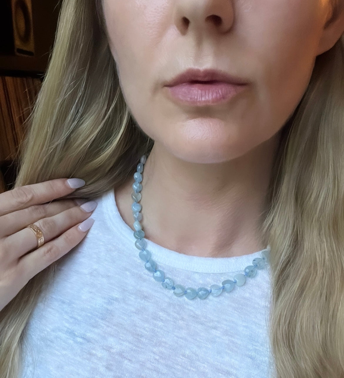 Custom 14k Gold 16” Aquamarine Puffy Heart Silk-Knotted Gemstone Necklace