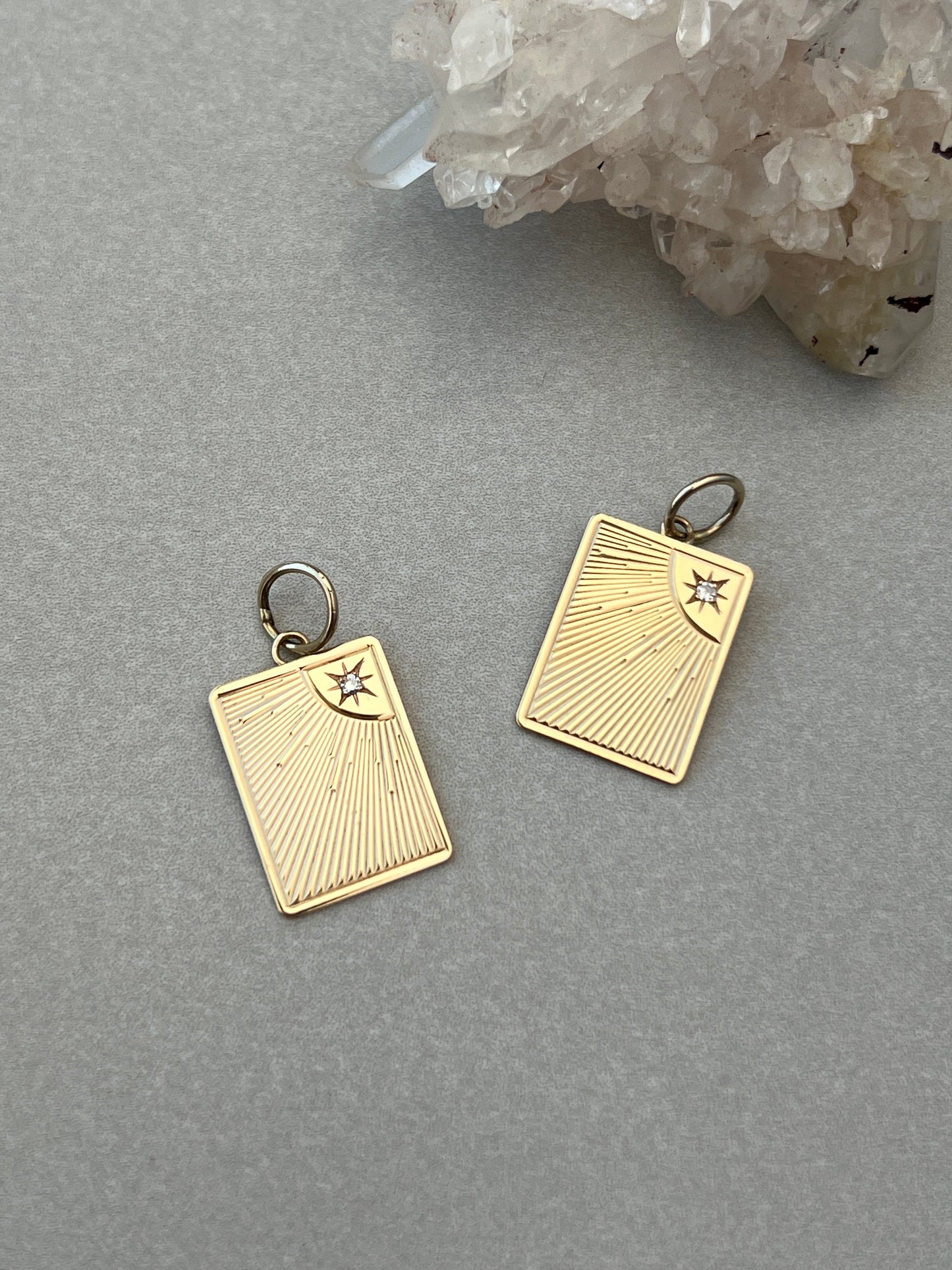 Vintage 14k Gold + Star-Set Diamond Engine Turned Sunburst Charm