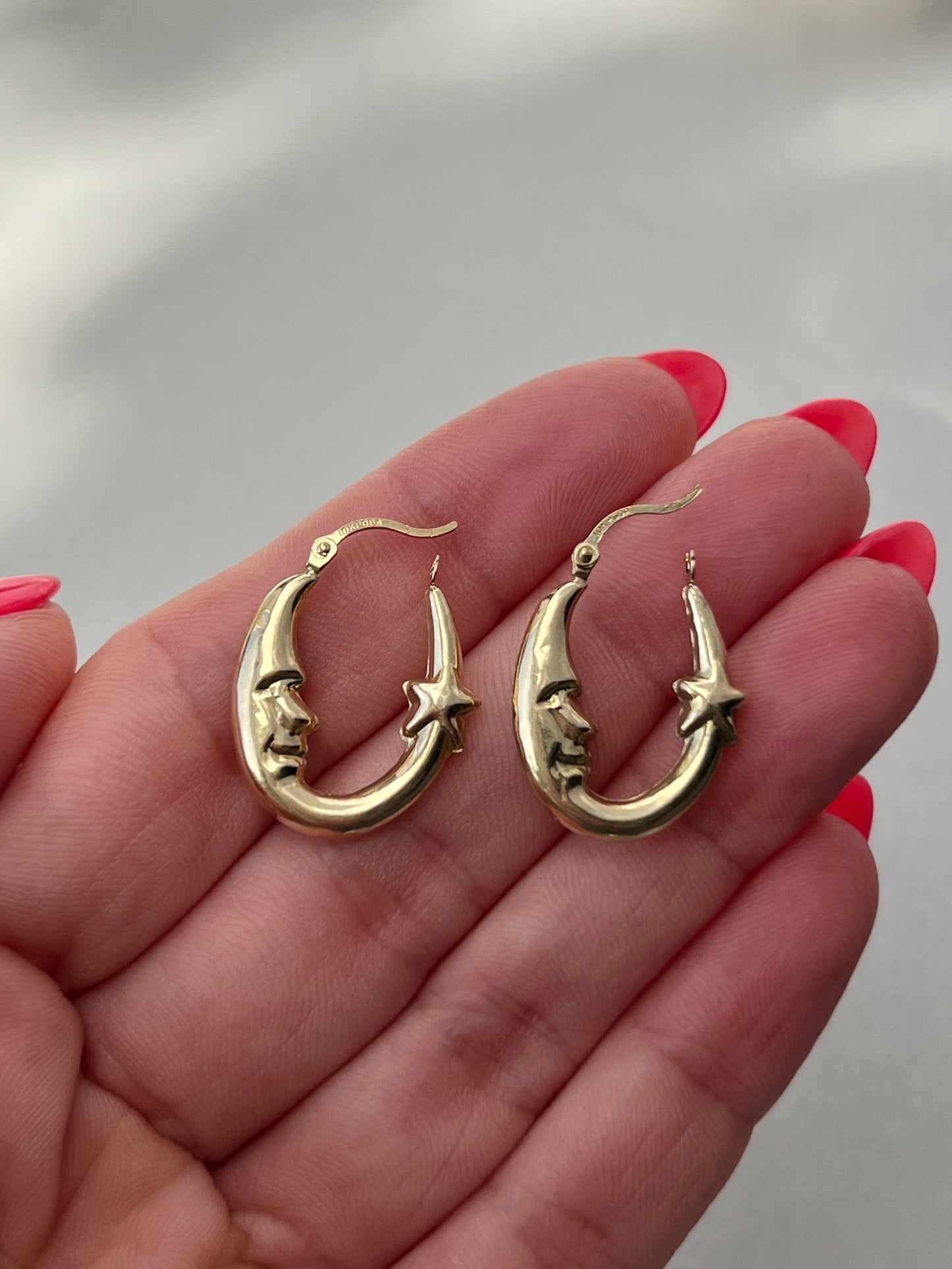 Vintage 10k Gold Man in the Moon Celestial Hoop Earrings