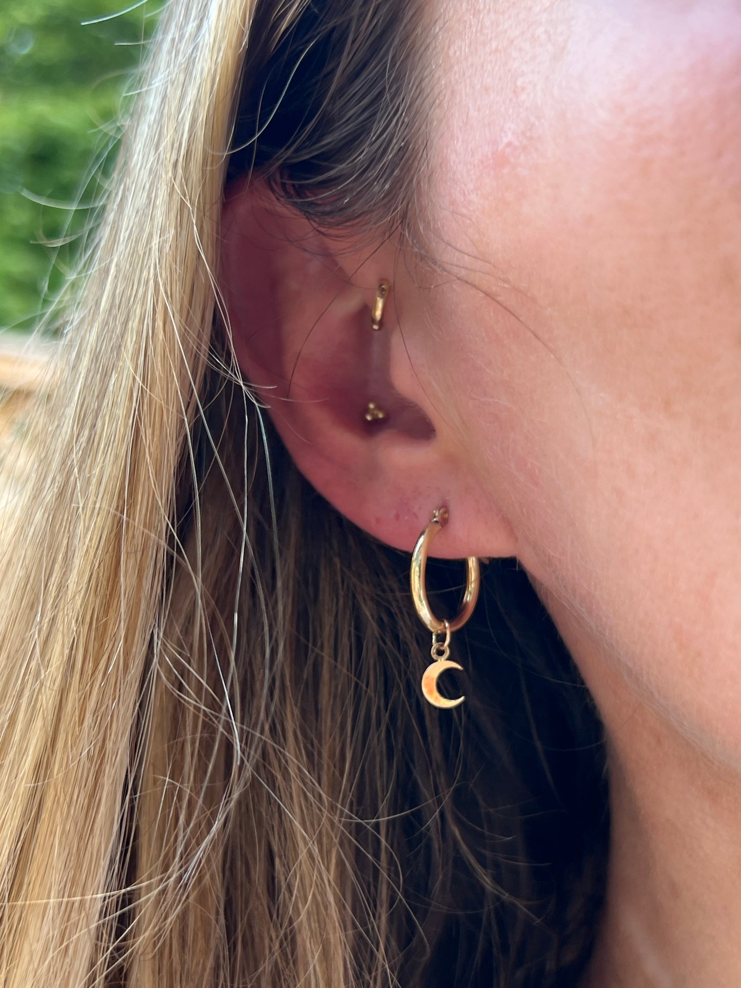Vintage 14k Gold Small Moon Charm Tube Hoops