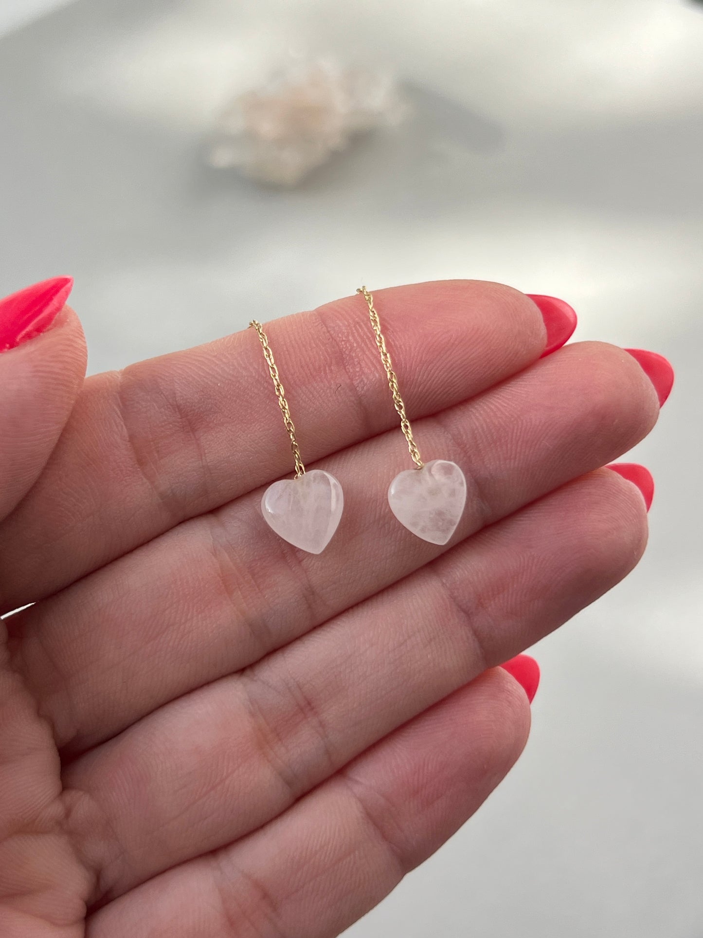 Vintage 14k Gold Rose Quartz Heart Threader Earrings
