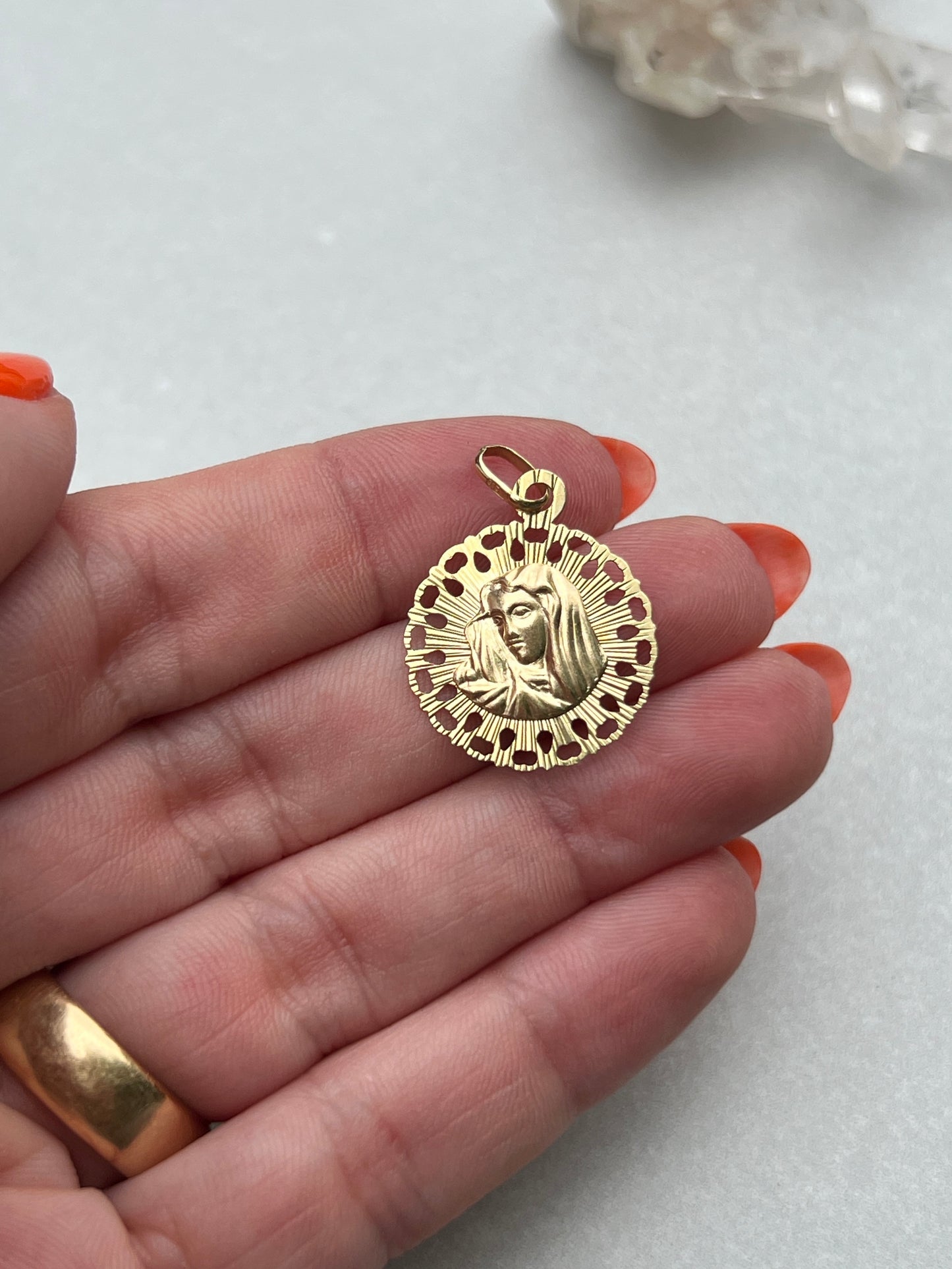 Vintage 14k Gold Engine Turned Holy Virgin Charm