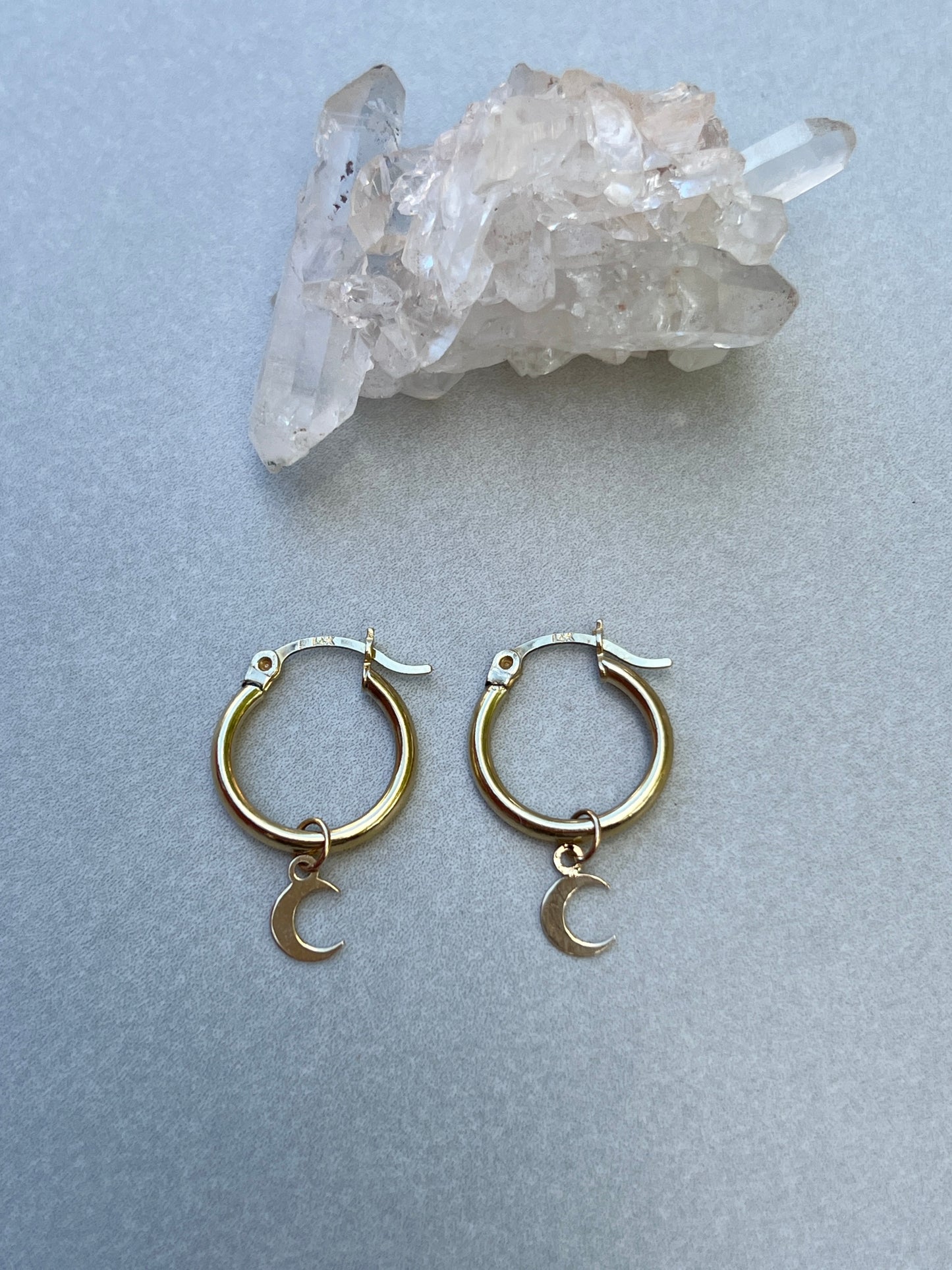 Vintage 14k Gold Small Moon Charm Tube Hoops