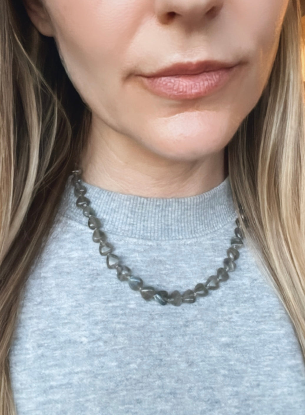 Custom 14k Gold 16” Labradorite Puffy Heart Silk-Knotted Gemstone Necklace