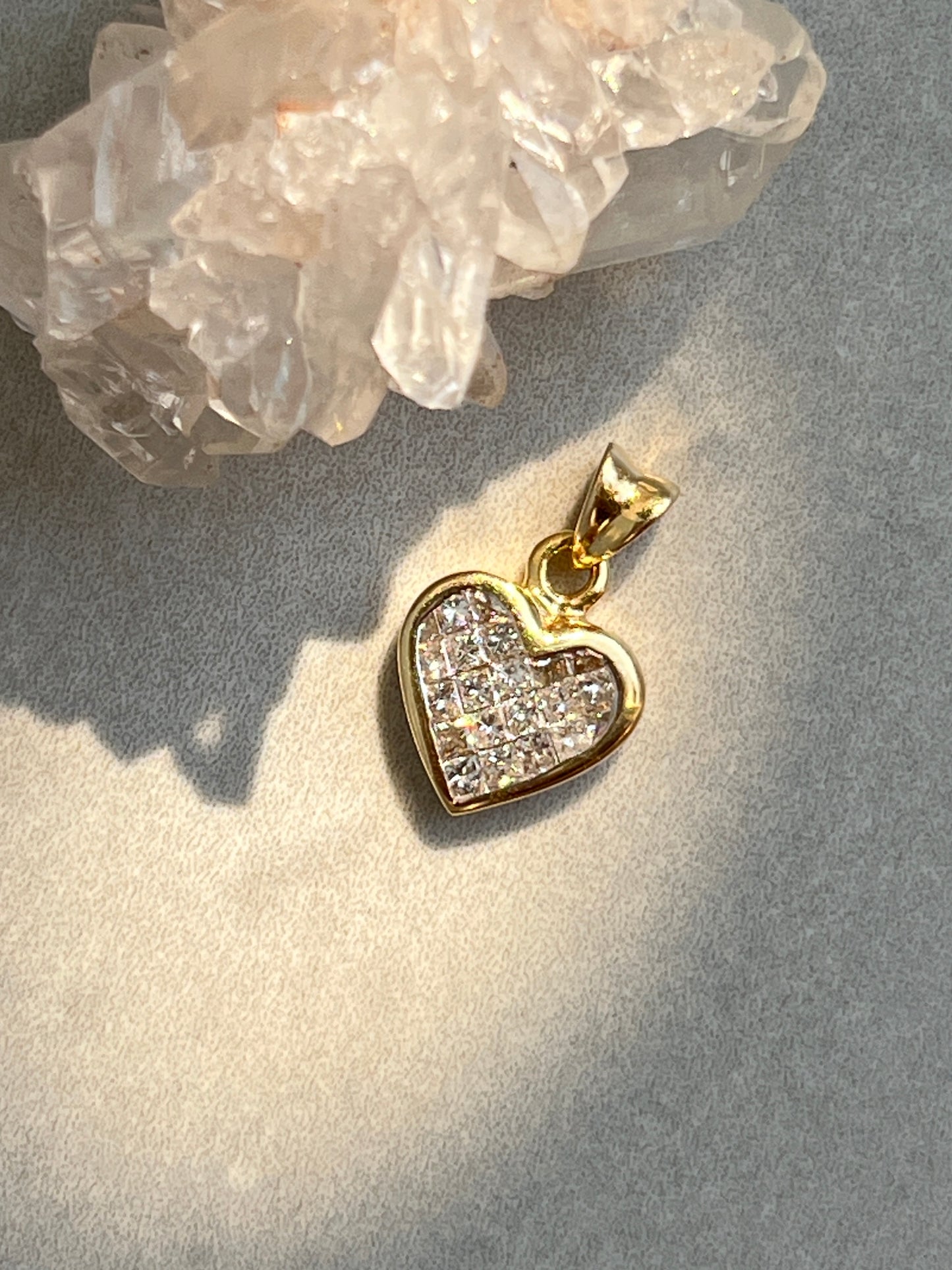 Vintage 14k Gold Princess Cut Invisible Set Diamond Heart Charm