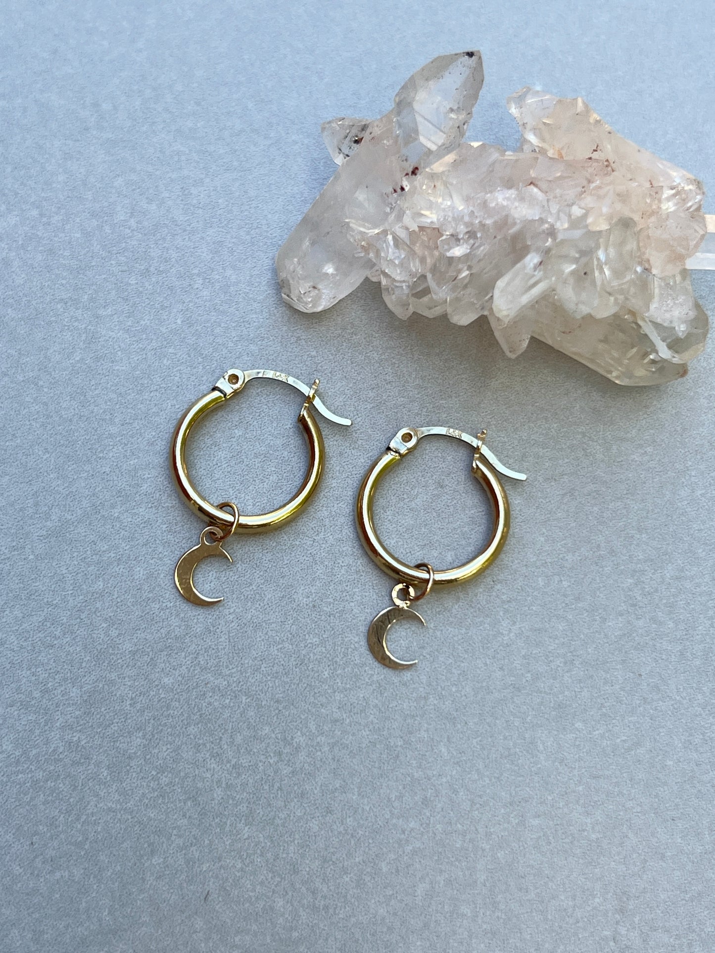 Vintage 14k Gold Small Moon Charm Tube Hoops