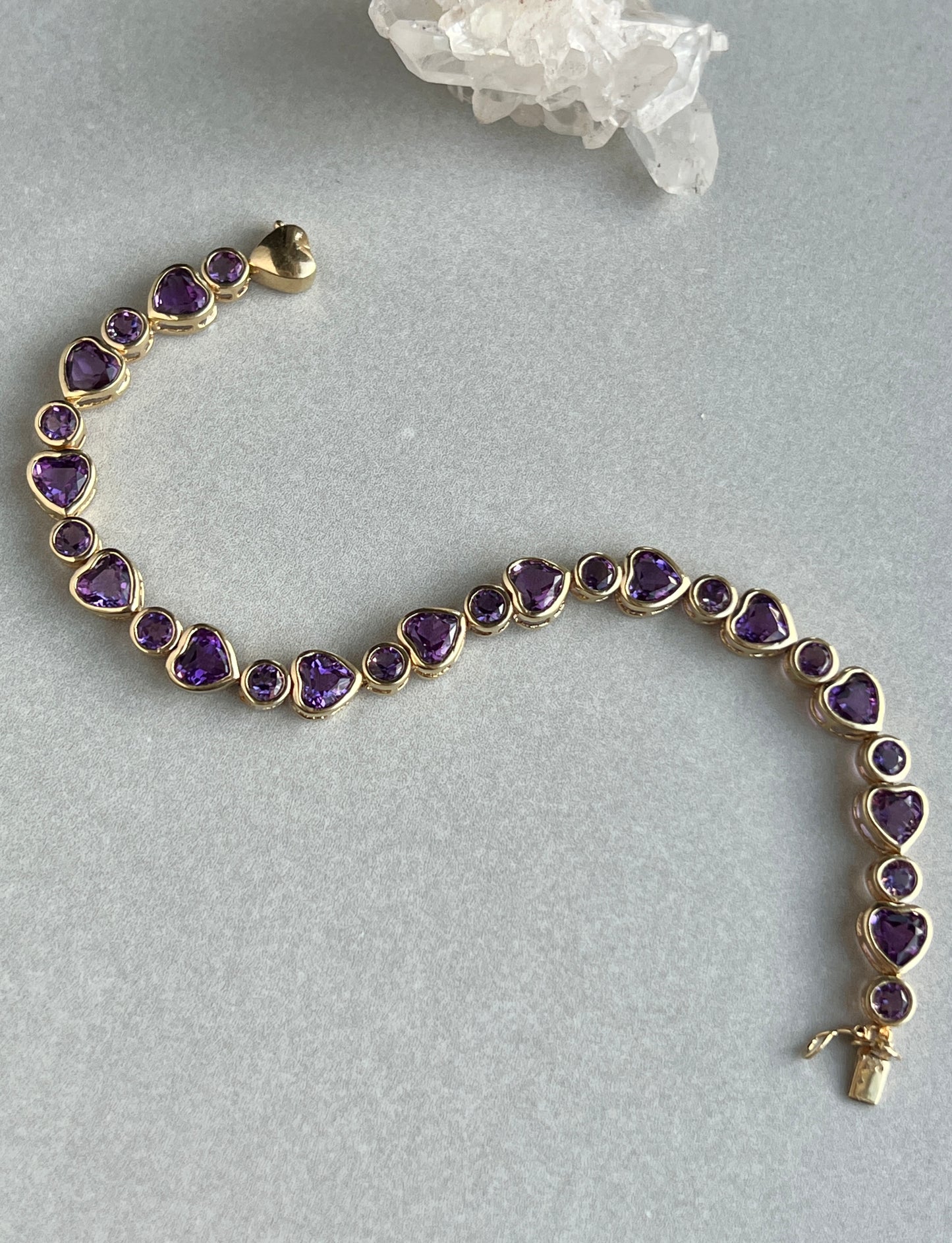 Vintage 14k Gold Bezel Set Amethyst Hearts Bracelet