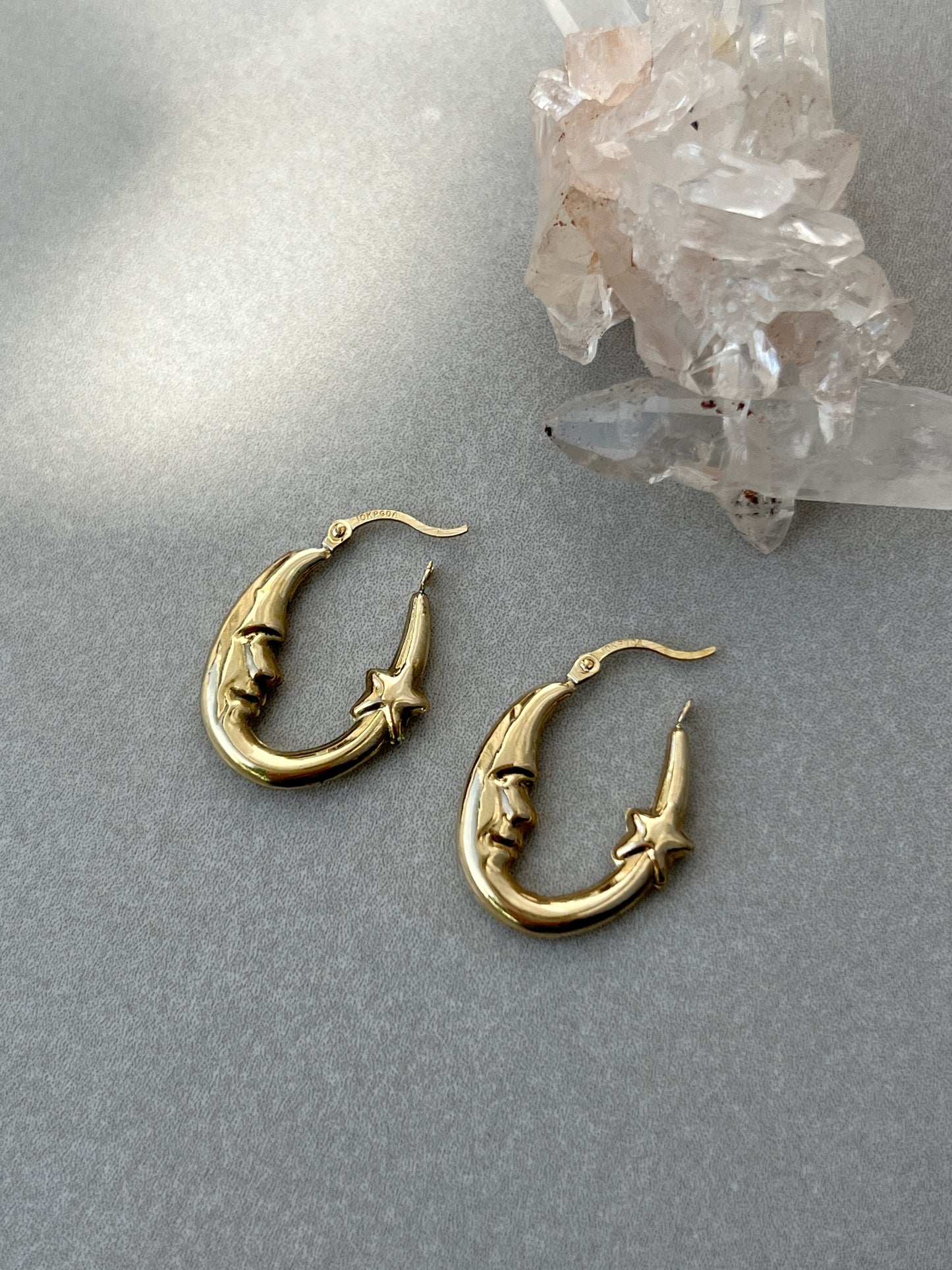 Vintage 10k Gold Man in the Moon Celestial Hoop Earrings