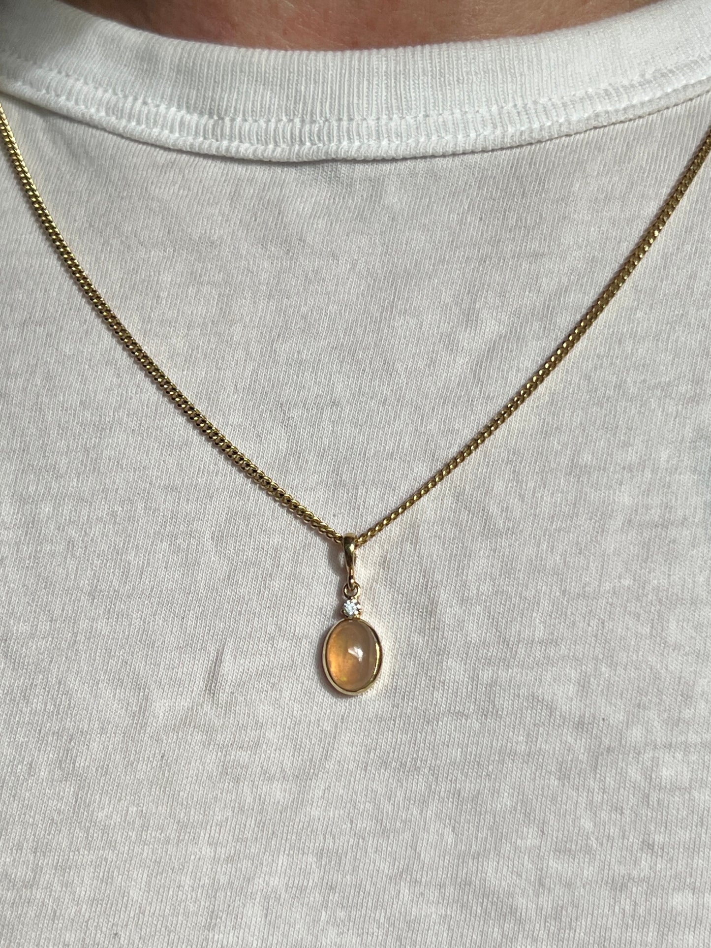 Vintage 14k Gold Small Opalite + Diamond Charm