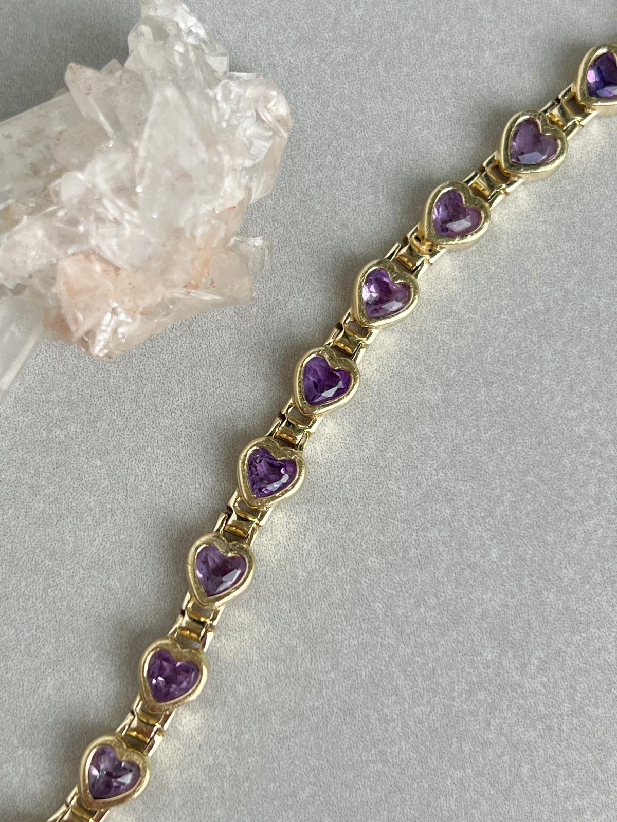 Vintage 14k Gold Bezel Set Amethyst Gemstone Heart Link Bracelet