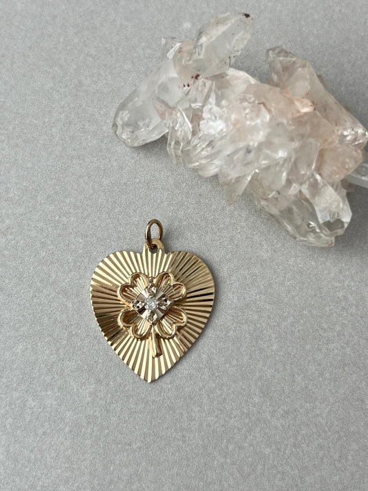 Vintage 14k Yellow Gold Engine Turned Heart Tag Charm featuring Clover and Diamond Accent