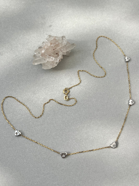 Vintage 14k Gold 17” Hearts & Diamonds Station Chain