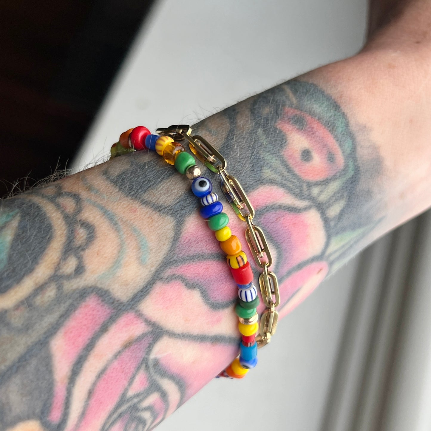 7” Rainbow Trade Bead + 14k Gold Bracelet