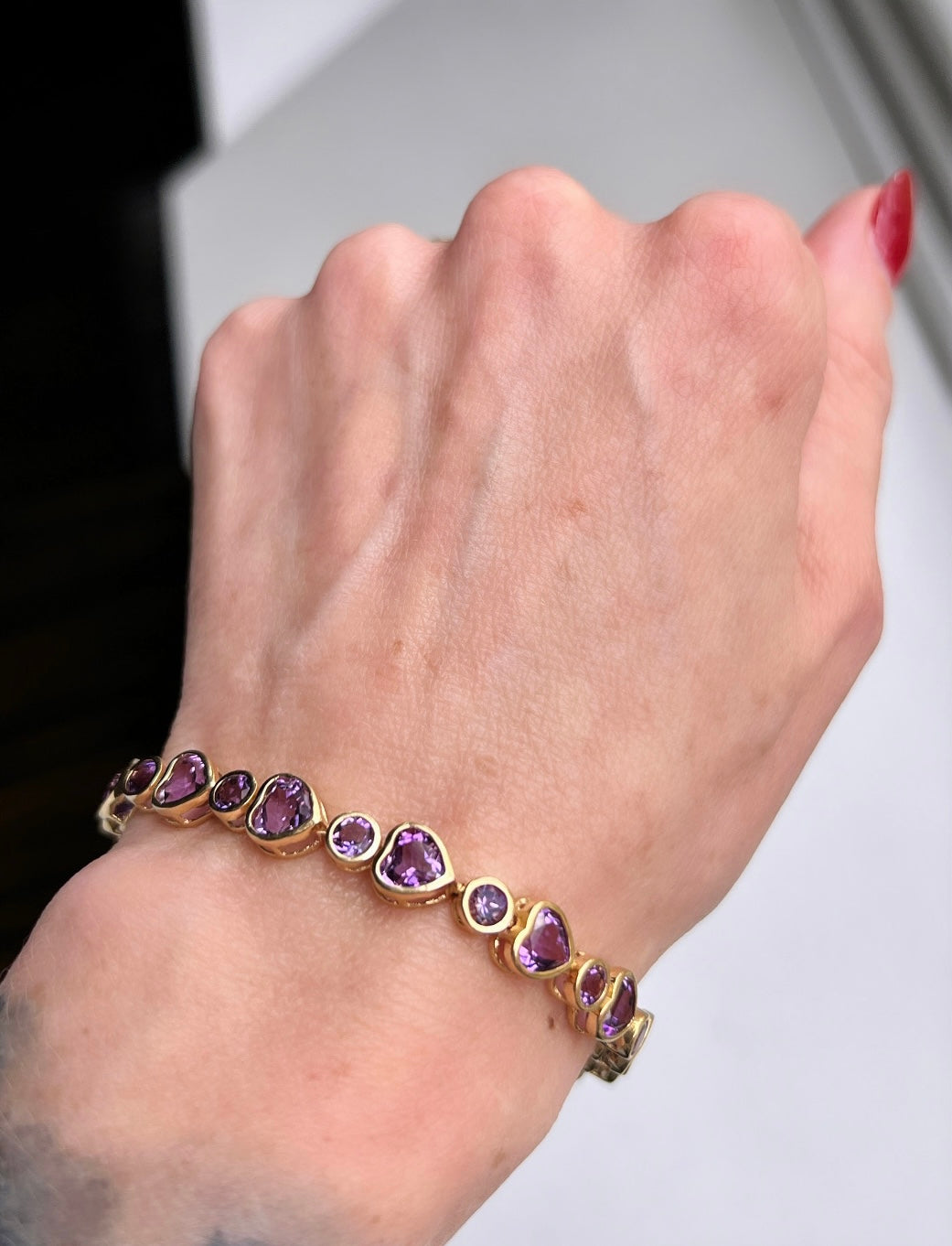 Vintage 14k Gold Bezel Set Amethyst Hearts Bracelet