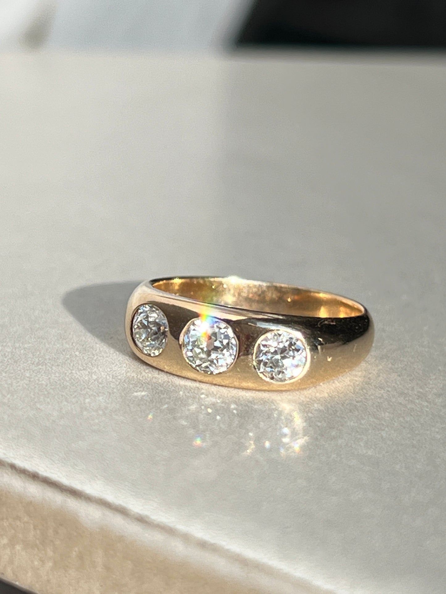 Vintage 14k Gold Old Mine Cut Diamond Trilogy Signet Ring