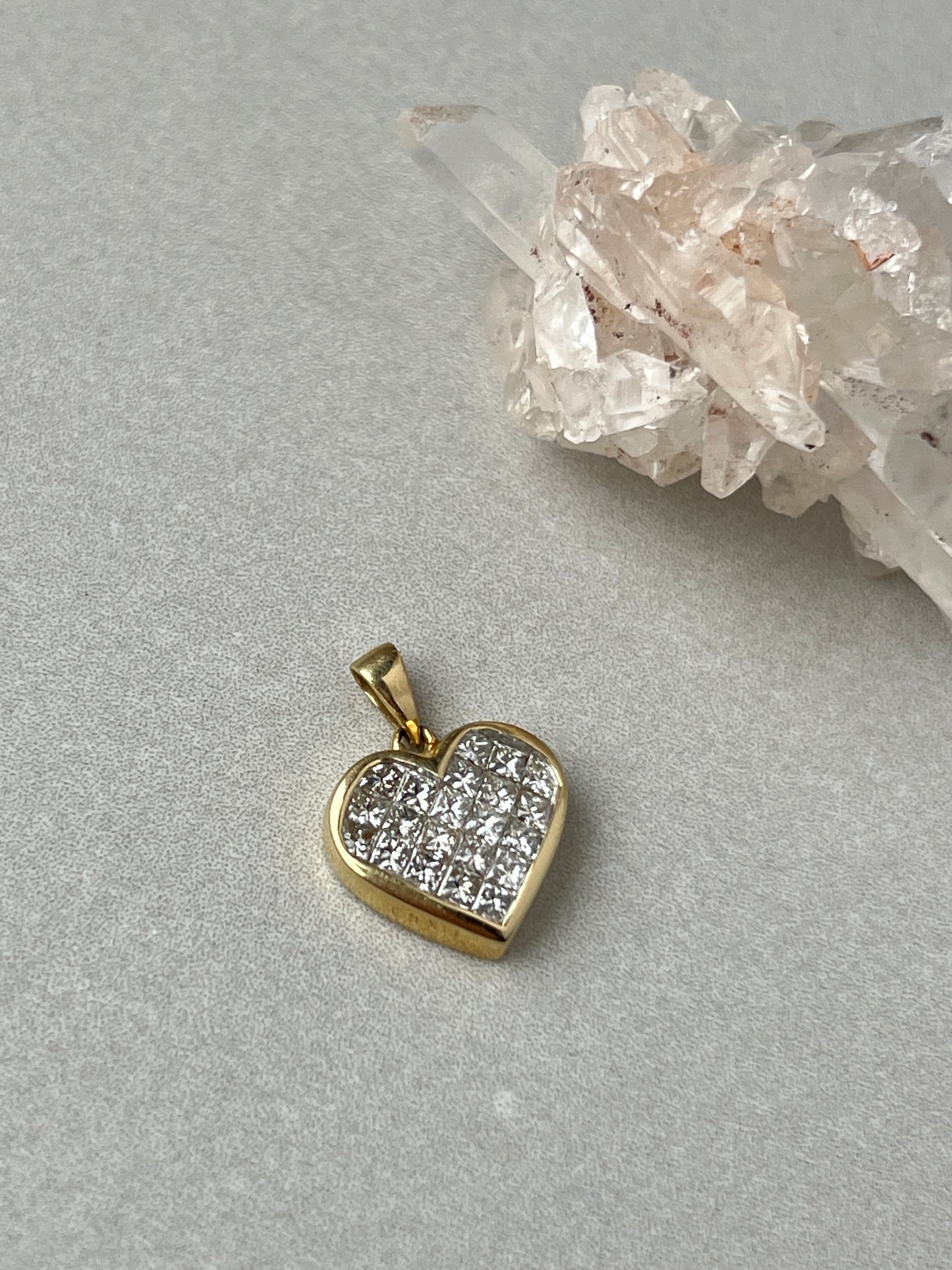 Vintage 14k Gold Princess Cut Invisible Set Diamond Heart Charm