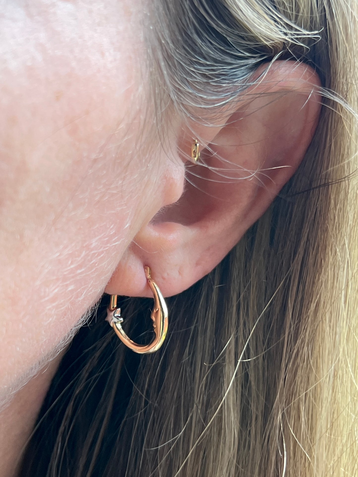Vintage 14k Gold Man in the Moon Hoop Earrings