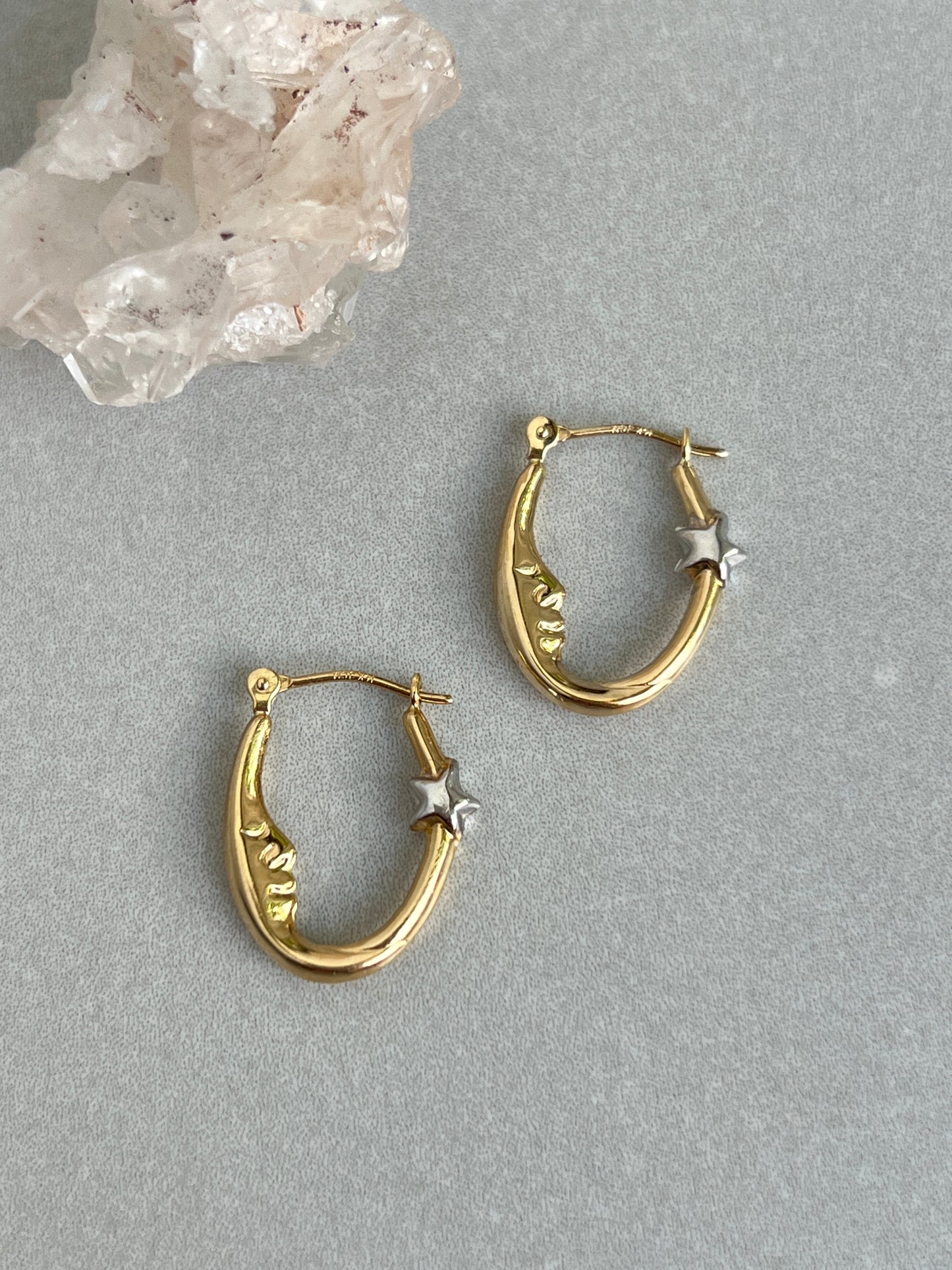 Vintage 14k Gold Man in the Moon Hoop Earrings