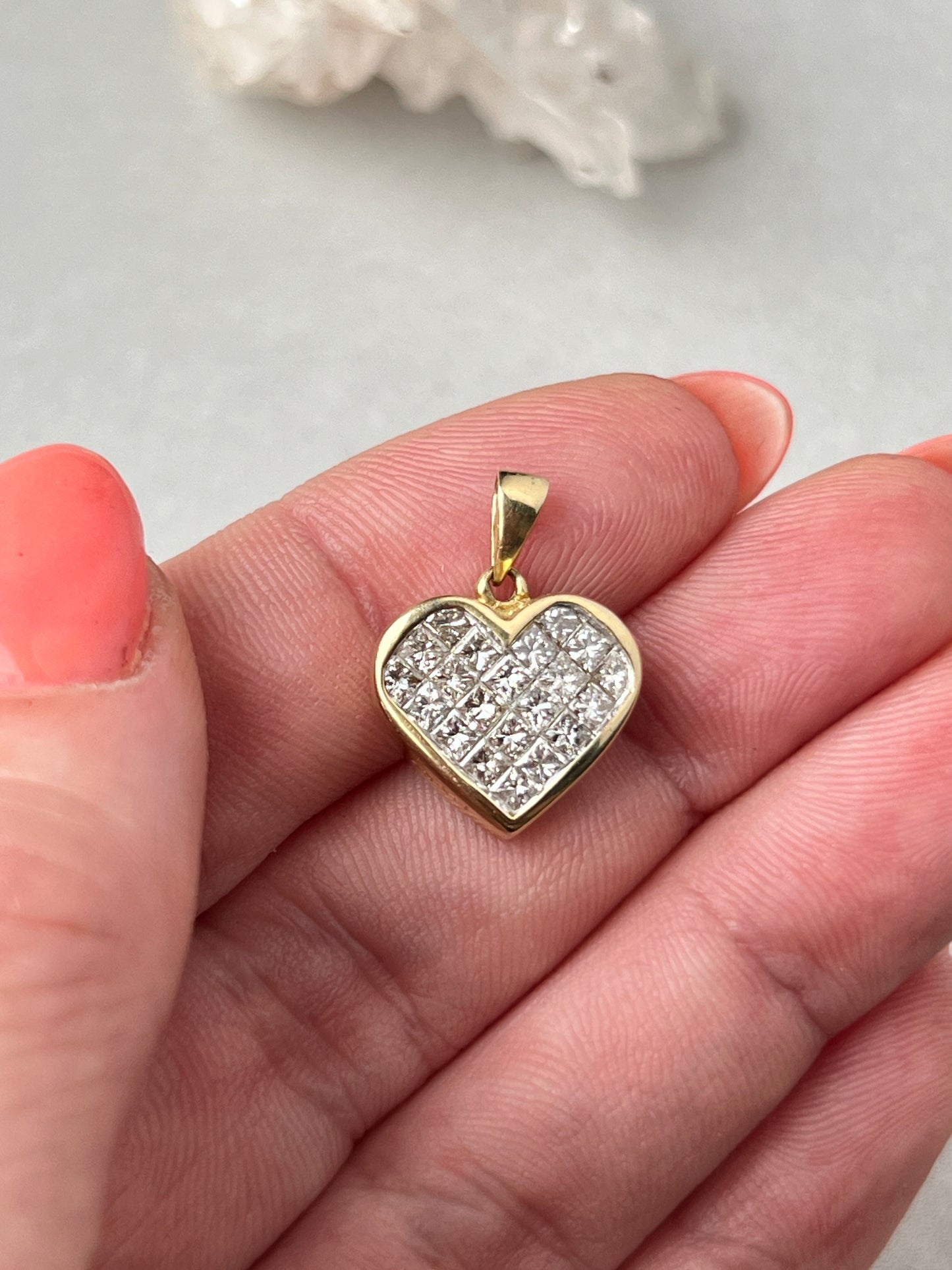 Vintage 14k Gold Princess Cut Invisible Set Diamond Heart Charm