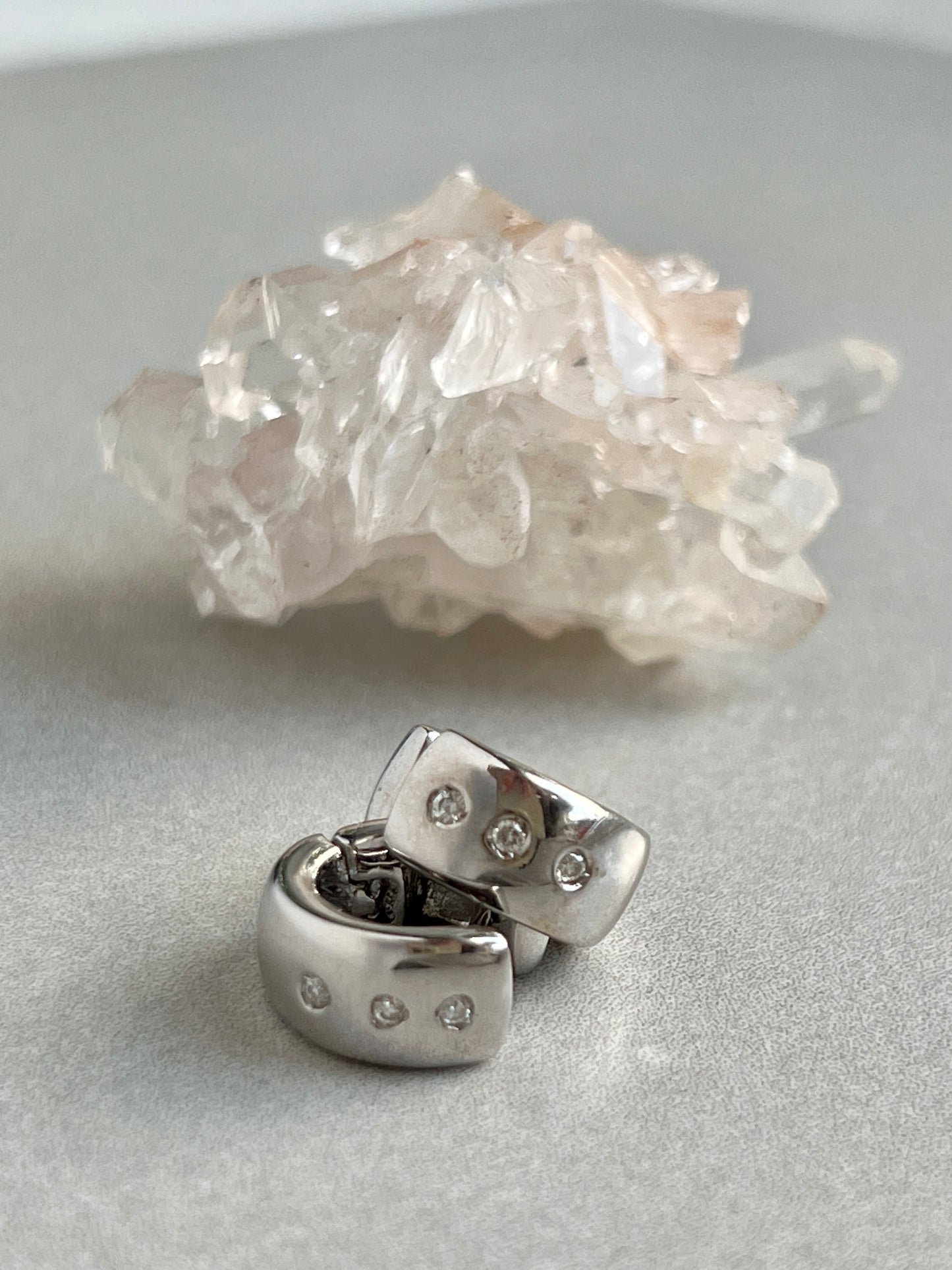 Vintage 18k White Gold Diamond Huggie Hoop Earrings