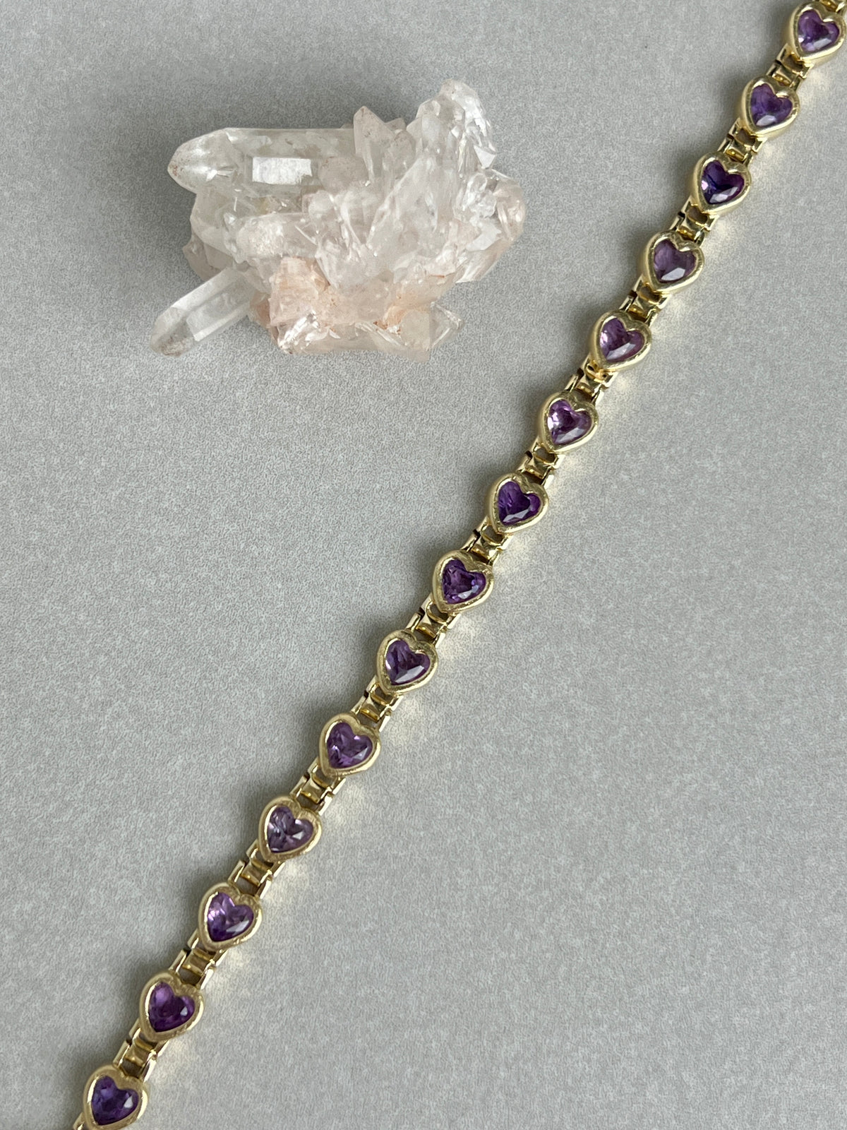 Vintage 14k Gold Bezel Set Amethyst Gemstone Heart Link Bracelet