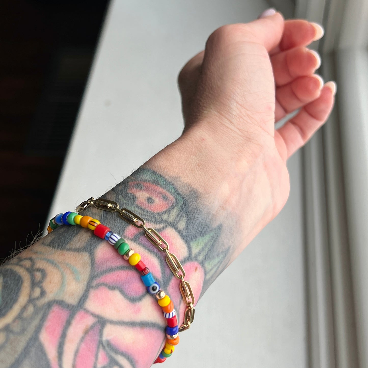 7” Rainbow Trade Bead + 14k Gold Bracelet