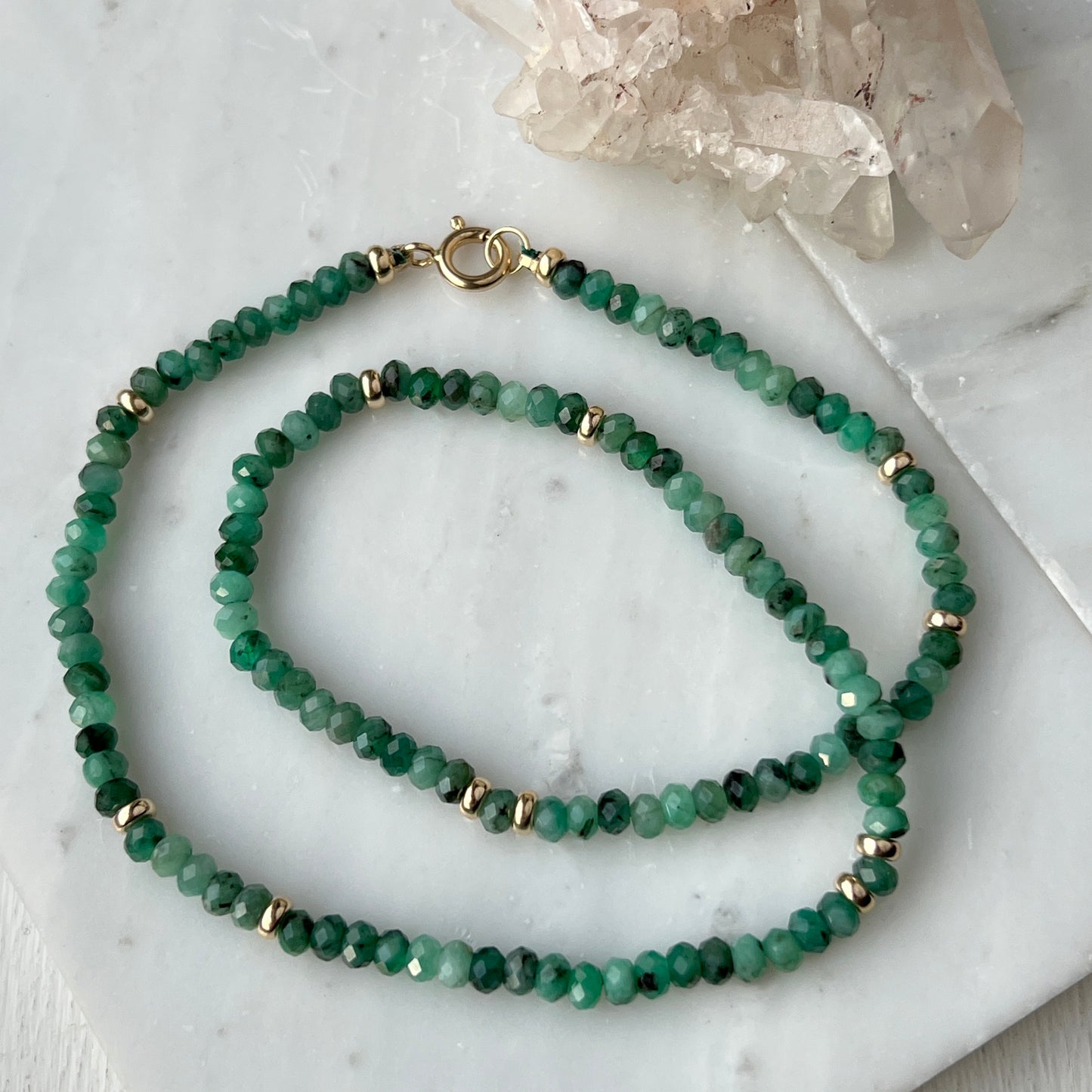 16” Faceted Emerald Gemstone Necklace with 14k Gold Bead Accents