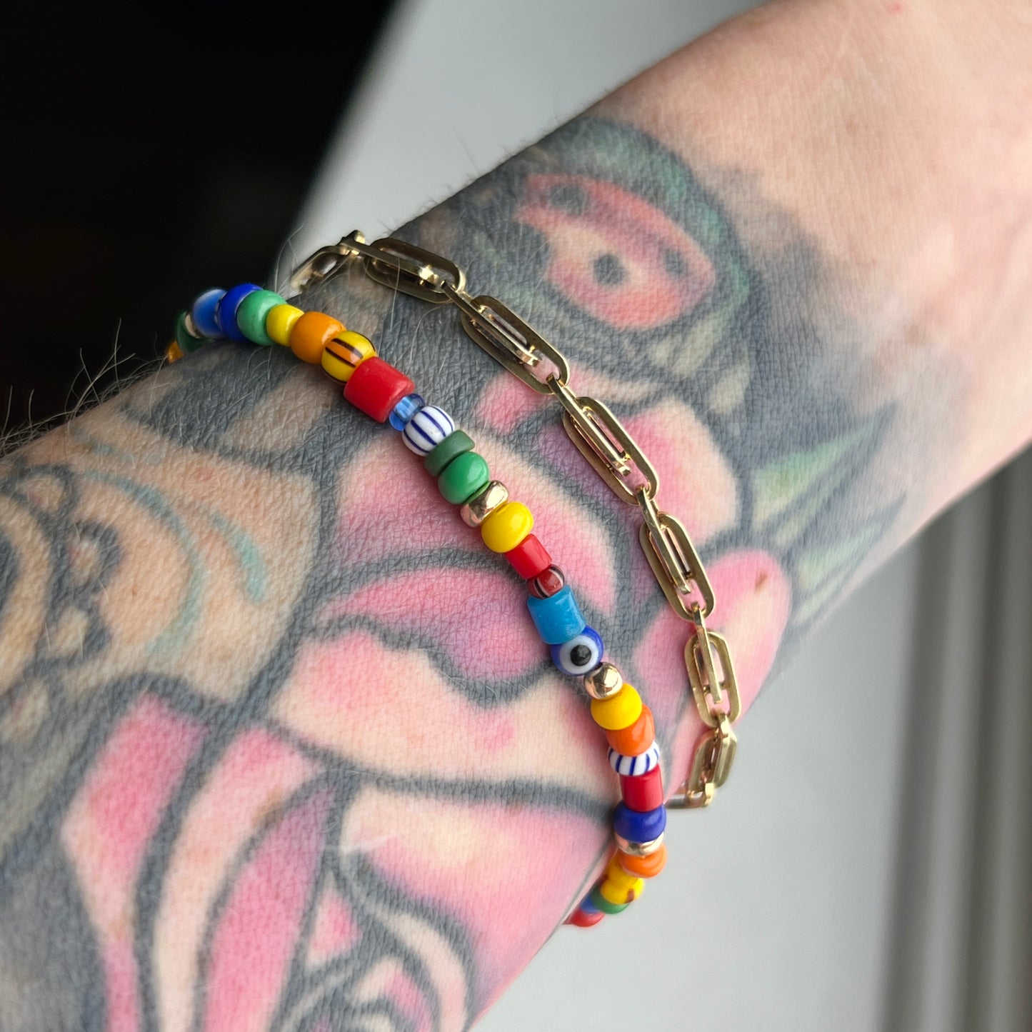 6.5” Rainbow Trade Bead + 14k Gold Bracelet