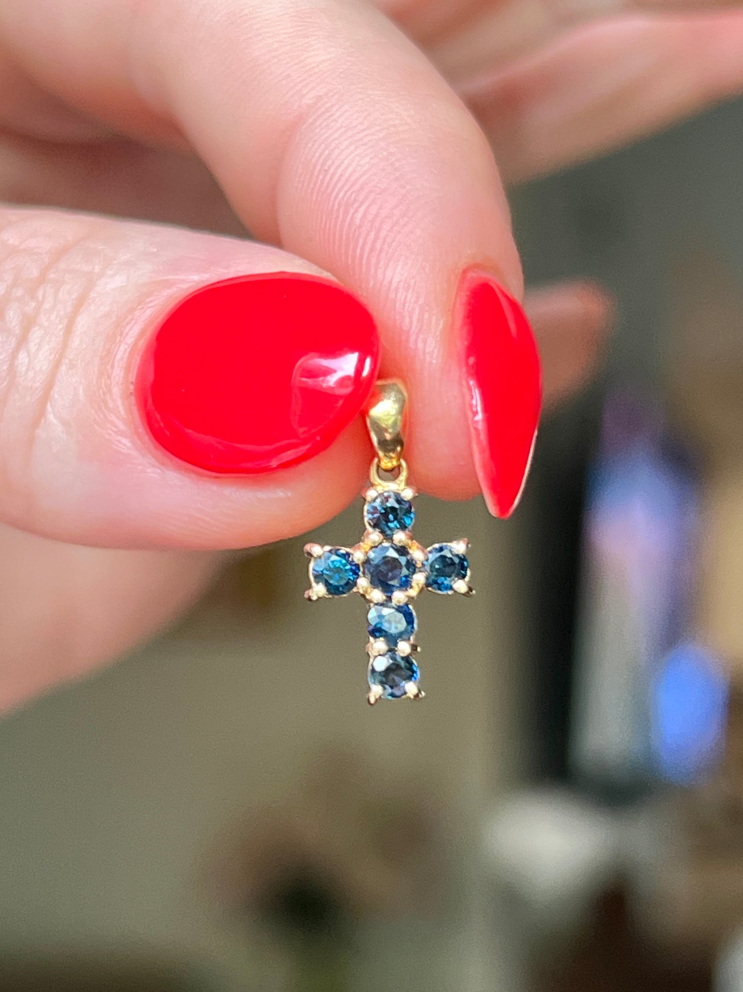 Vintage 14k Gold Tiny Sapphire Cross Charm