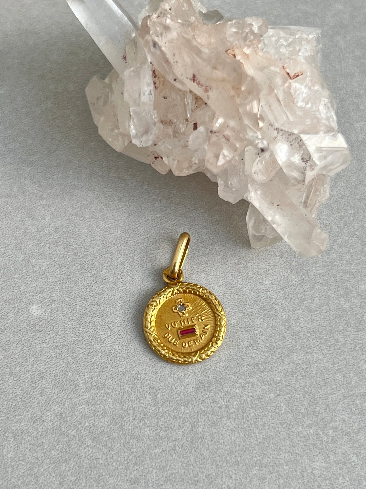 Vintage 18k Gold Diamond and Ruby ‘Qu’hier - Que Demain’ French Love Token - XS