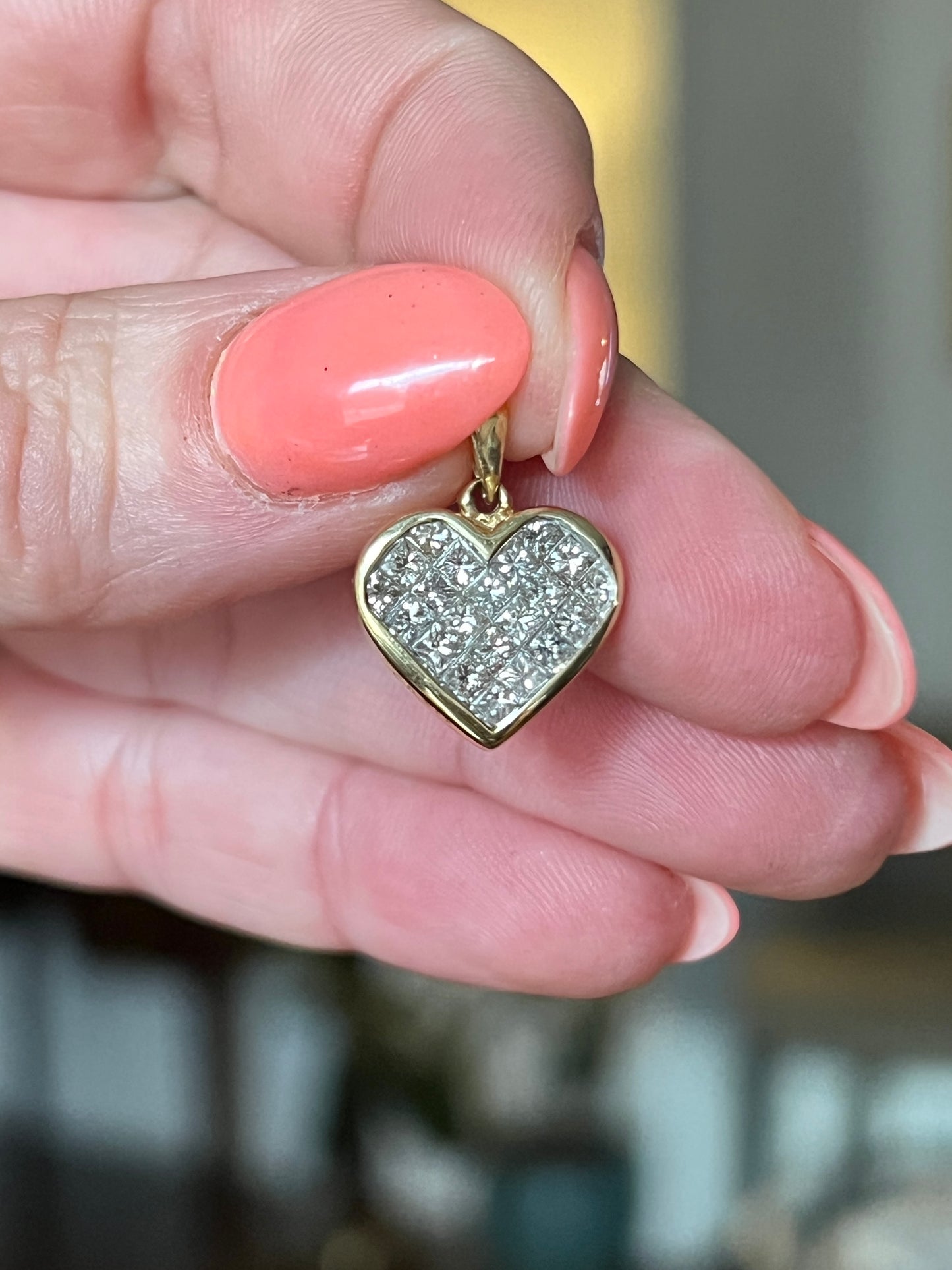 Vintage 14k Gold Princess Cut Invisible Set Diamond Heart Charm