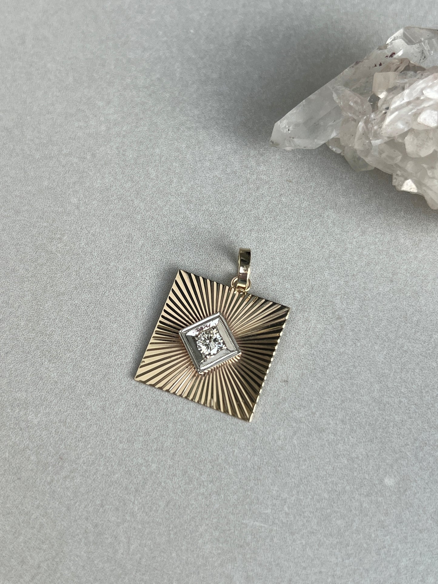 Vintage 14k Gold Square Engine Turned Diamond Cufflink Conversion Charm