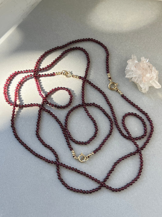 Custom Length 14k Gold + Mini Garnet ‘Pearls’ Beaded Gemstone Necklace - 8mm Clasp