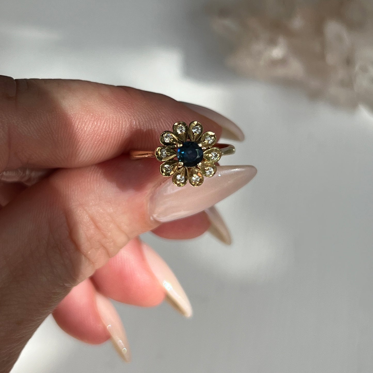 Vintage 14k Gold Sapphire + Diamond Floral Cluster Ring