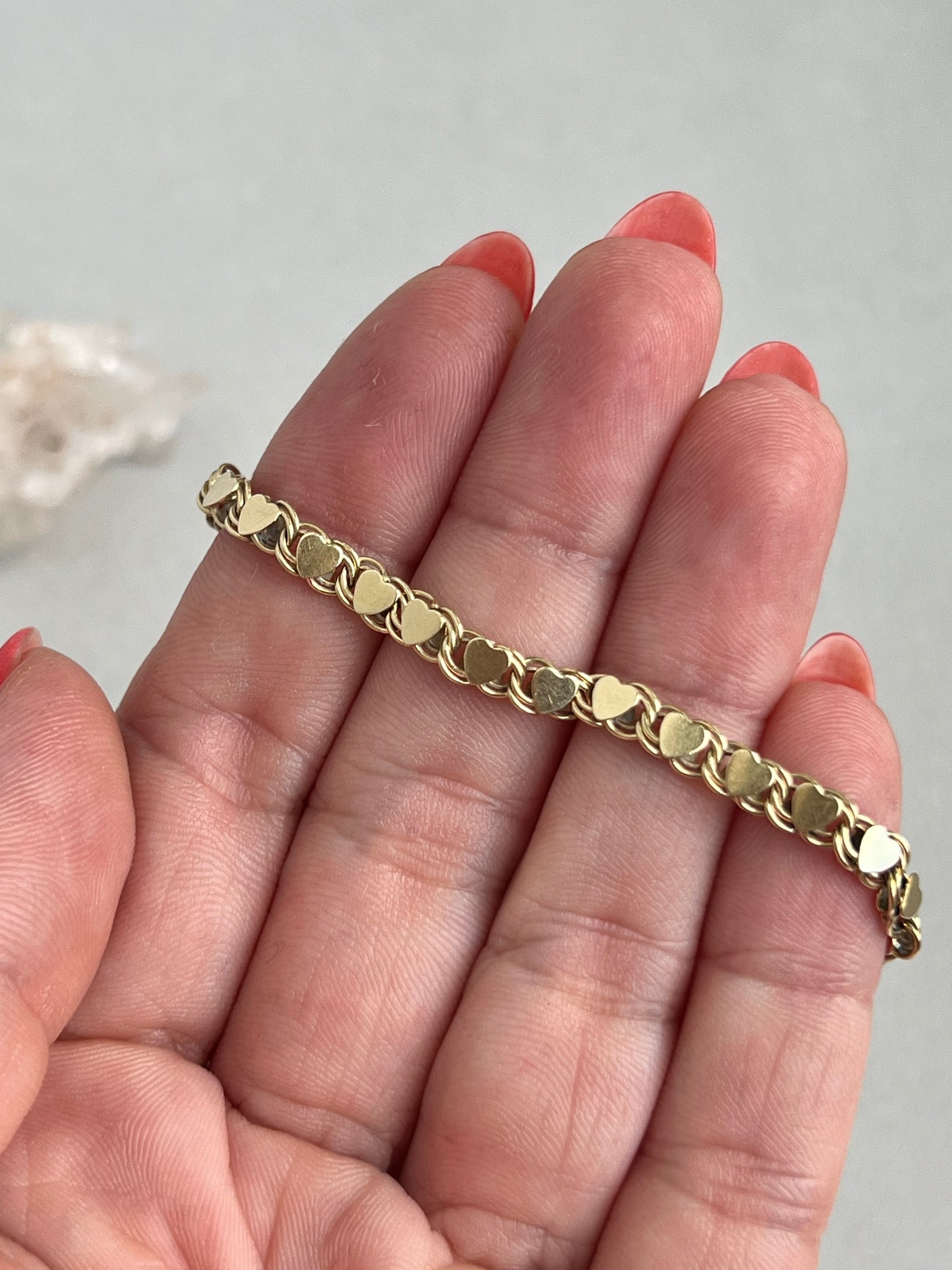 Vintage 14k Gold 6.25” Mirror Heart Link Bracelet