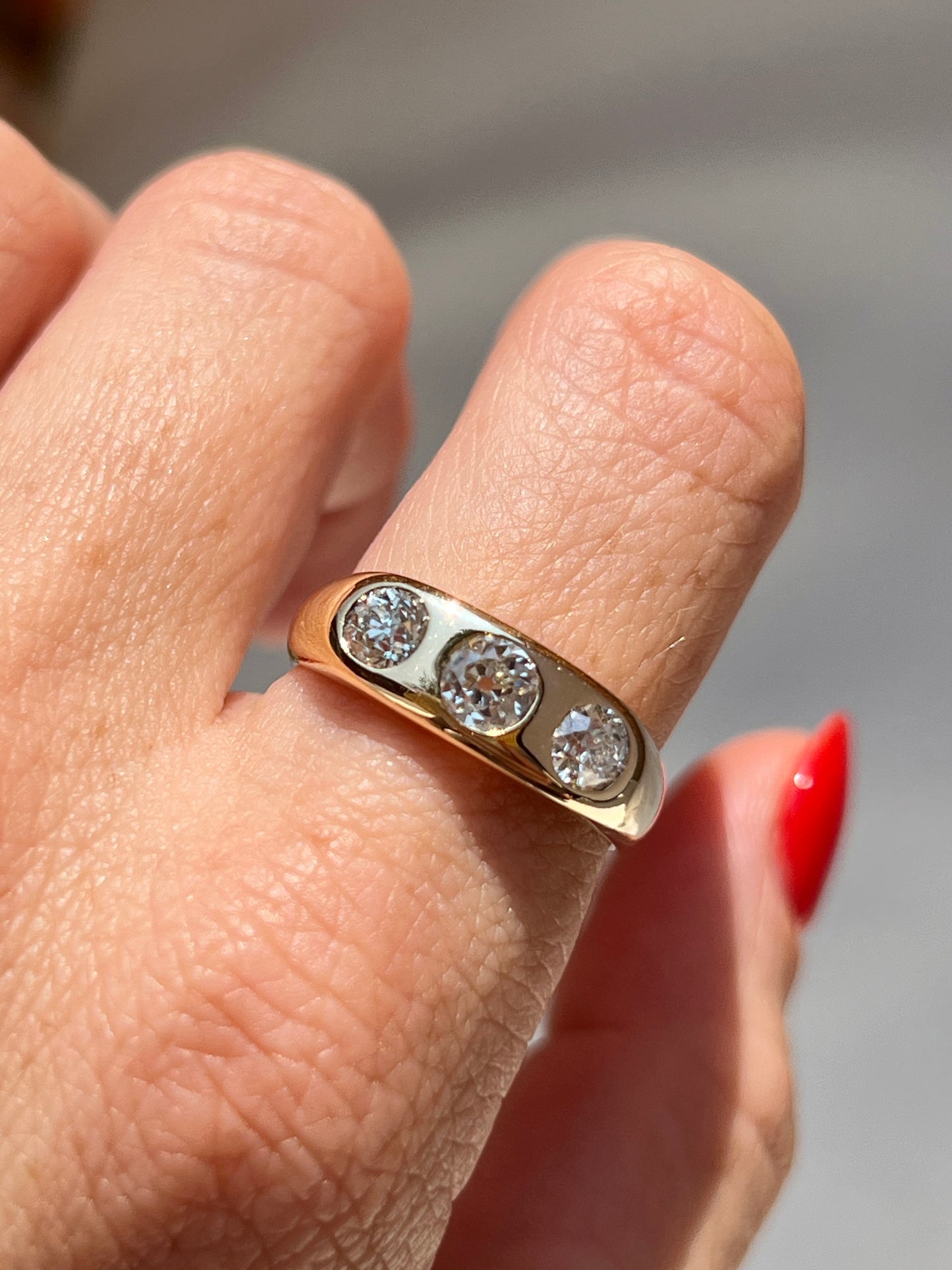 Vintage 14k Gold Old Mine Cut Diamond Trilogy Signet Ring