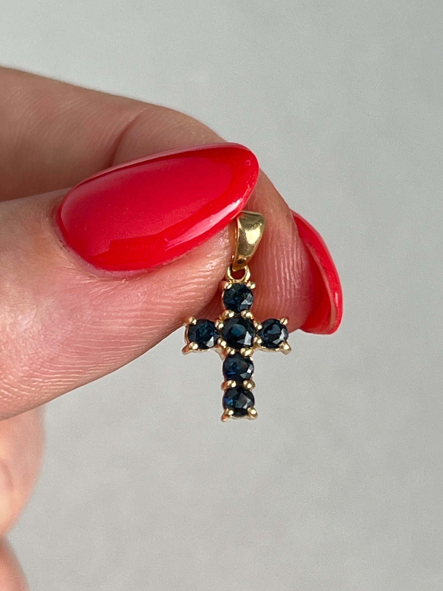 Vintage 14k Gold Tiny Sapphire Cross Charm