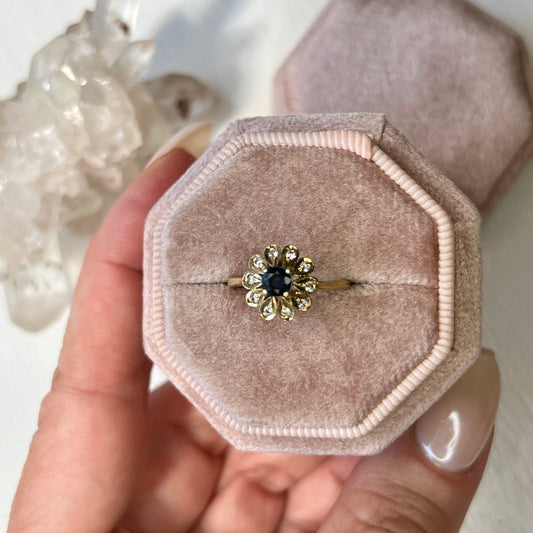 Vintage 14k Gold Sapphire + Diamond Floral Cluster Ring