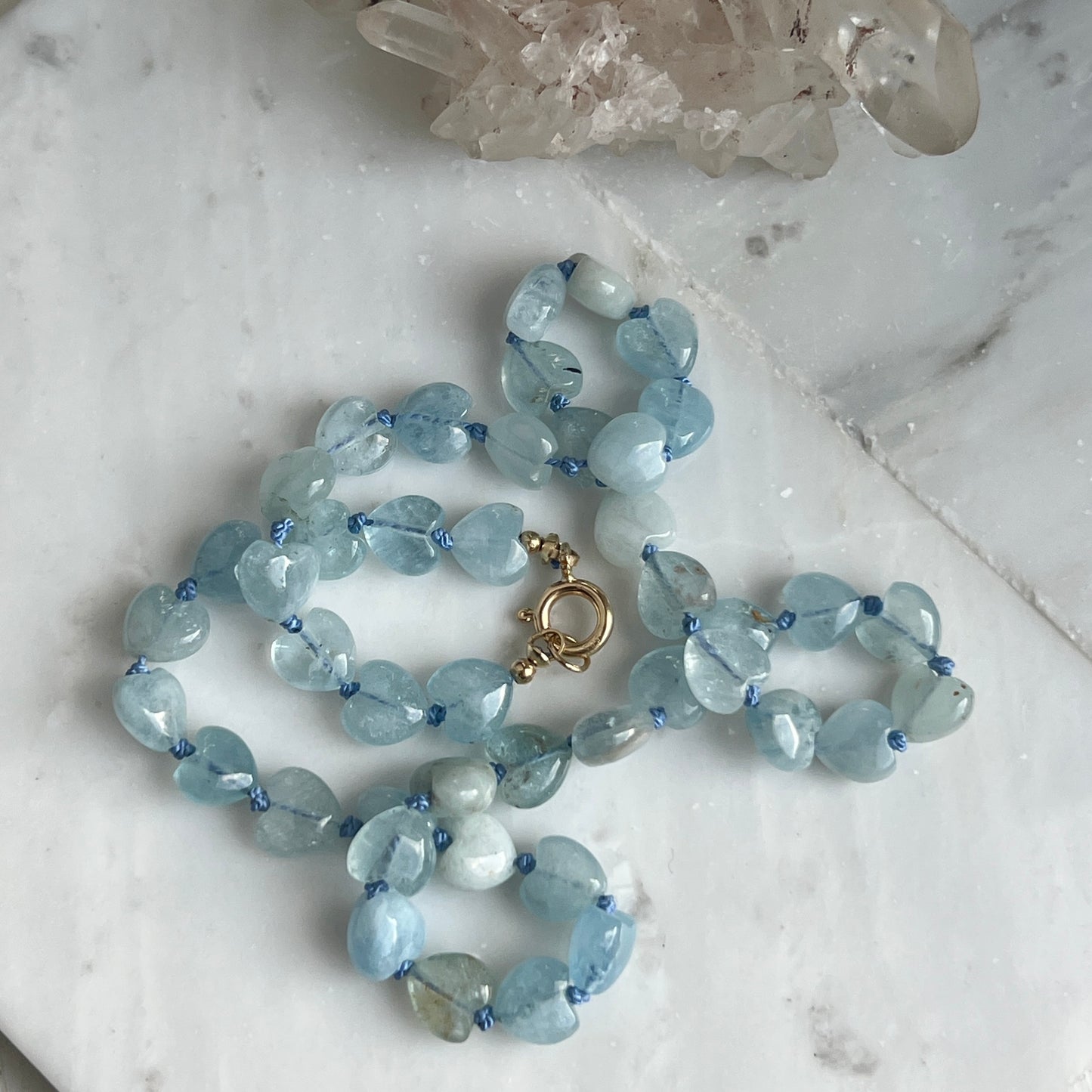 16” Aquamarine Puffy Heart Silk-Knotted Gemstone Necklace