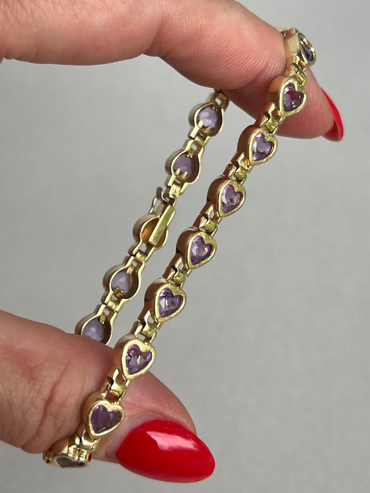 Vintage 14k Gold Bezel Set Amethyst Gemstone Heart Link Bracelet