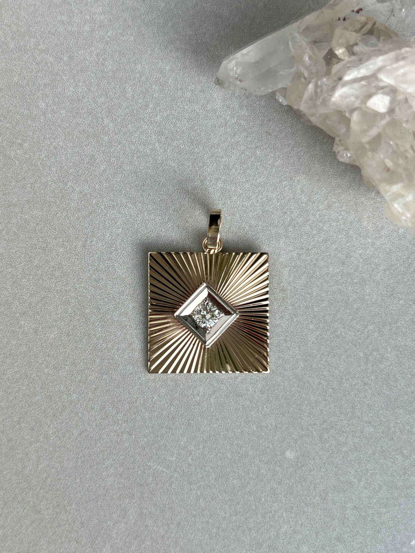 Vintage 14k Gold Square Engine Turned Diamond Cufflink Conversion Charm