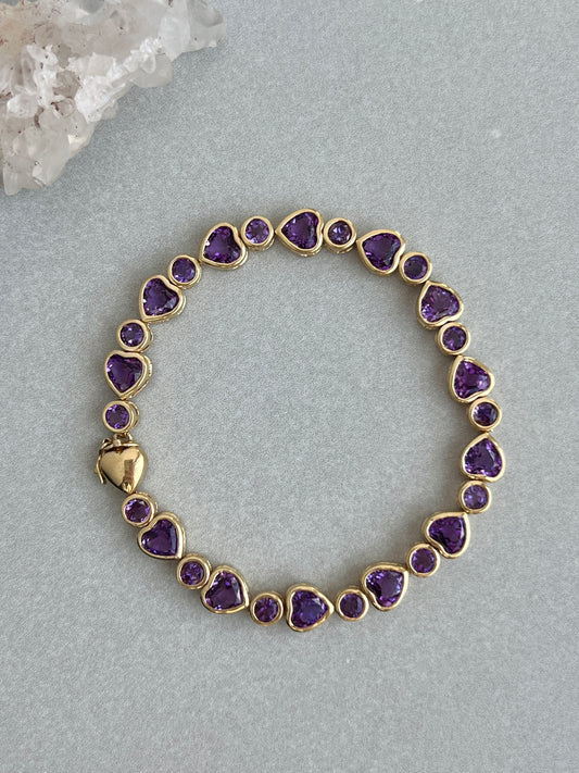 Vintage 14k Gold Bezel Set Amethyst Hearts Bracelet