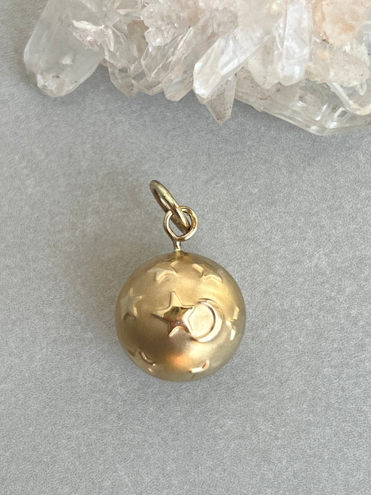 Vintage 14k Gold Puffy Celestial Moon + Stars Ball Pendant