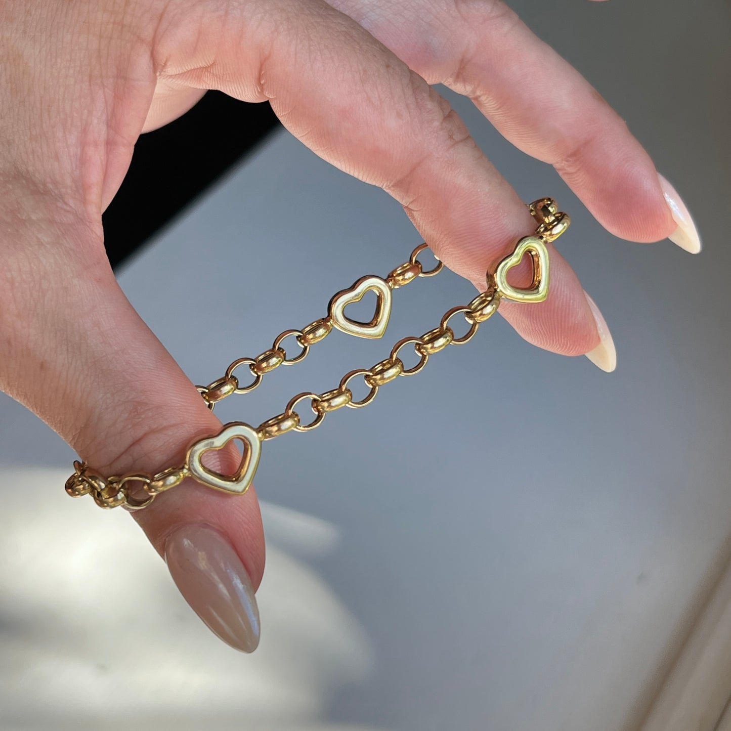 Vintage 14k Gold 7” Rolo + Open Heart Link Bracelet