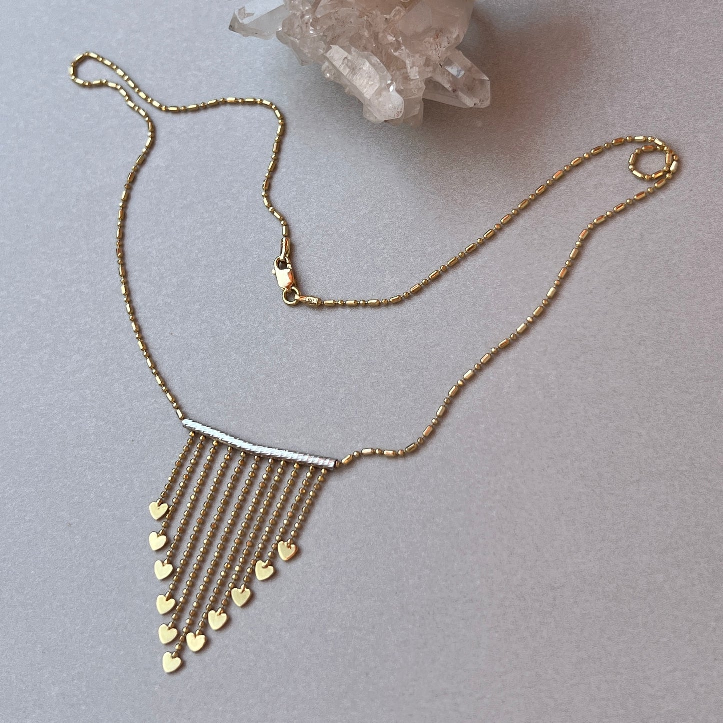 Vintage 14k Gold Dot+Dash Heart Fringe Necklace